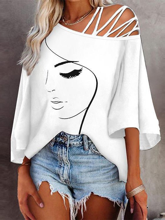 Women's T-Shirts Printed Off Shoulder 3/4 Sleeve T-Shirt - Mini Dresses - Instastyled | Online Fashion Free Shipping Clothing, Dresses, Tops, Shoes - 19/08/2022 - Color_Black - Color_Blue