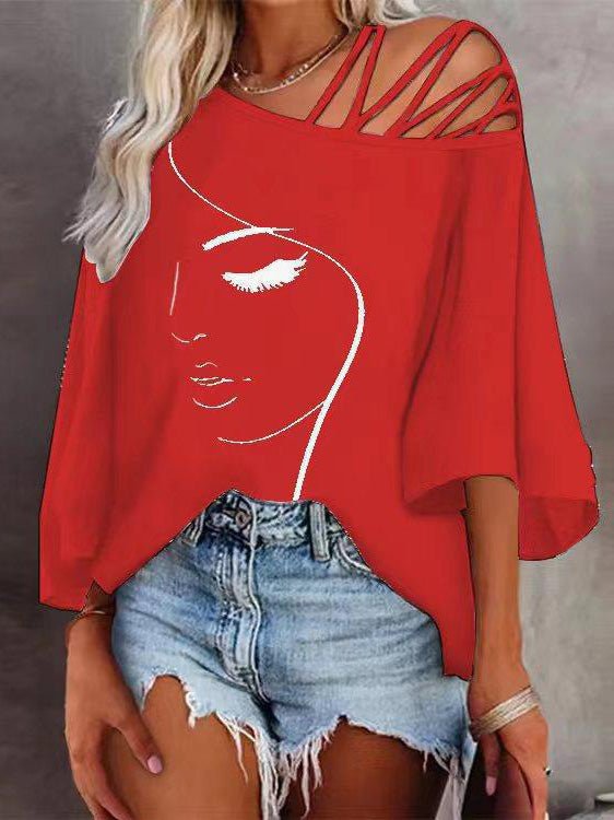 Women's T-Shirts Printed Off Shoulder 3/4 Sleeve T-Shirt - Mini Dresses - Instastyled | Online Fashion Free Shipping Clothing, Dresses, Tops, Shoes - 19/08/2022 - Color_Black - Color_Blue