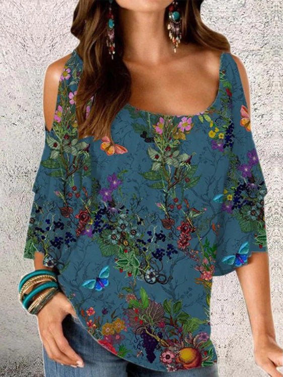 Women's T-Shirts Printed U-Neck Off-Shoulder Mid-Sleeve T-Shirt - T-Shirts - Instastyled | Online Fashion Free Shipping Clothing, Dresses, Tops, Shoes - 20-30 - 23/05/2022 - color-dark_green