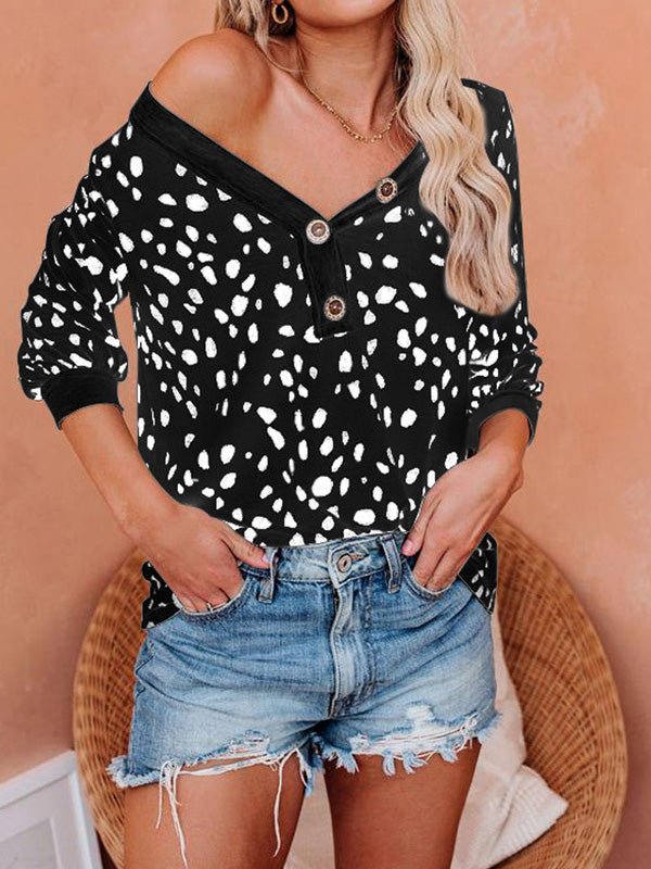 Women's T-Shirts Printed V-Neck Button Long Sleeve T-Shirt - T-Shirts - Instastyled | Online Fashion Free Shipping Clothing, Dresses, Tops, Shoes - 20-30 - 30/08/2022 - color-black