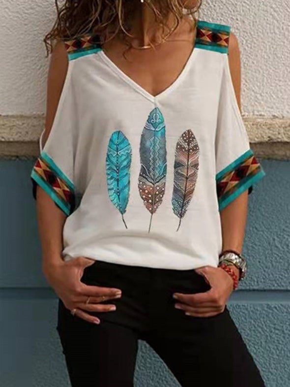 Women's T-Shirts Printed V-Neck Off-Shoulder Short Sleeve T-Shirt - T-Shirts - Instastyled | Online Fashion Free Shipping Clothing, Dresses, Tops, Shoes - 20-30 - 31/12/2021 - color-blue