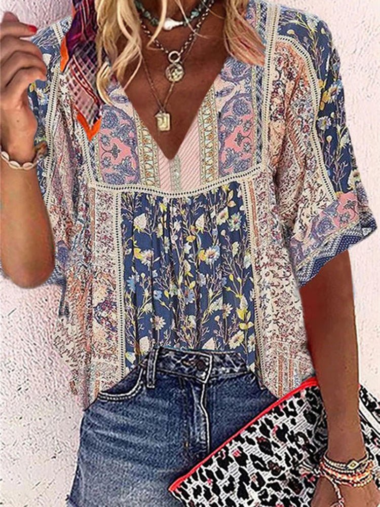 Women's T-Shirts Printed V-Neck Short Sleeve Casual T-Shirt - T-Shirts - Instastyled | Online Fashion Free Shipping Clothing, Dresses, Tops, Shoes - 03/03/2022 - 20-30 - color-multi