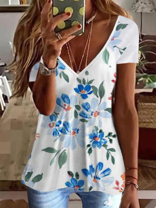 Women's T-Shirts Printed V-Neck Short Sleeve T-Shirt - T-Shirts - Instastyled | Online Fashion Free Shipping Clothing, Dresses, Tops, Shoes - 04/08/2022 - Color_Black - Color_Blue