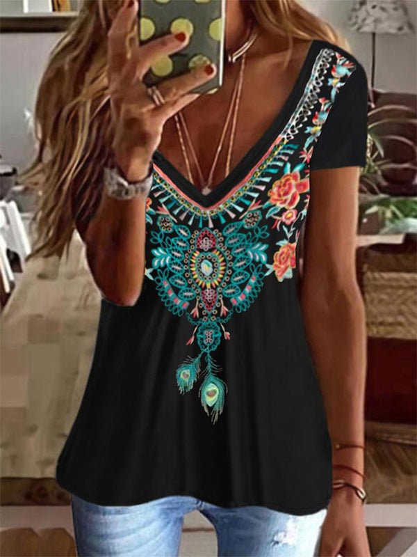 Women's T-Shirts Printed V-Neck Short Sleeve T-Shirt - T-Shirts - Instastyled | Online Fashion Free Shipping Clothing, Dresses, Tops, Shoes - 04/08/2022 - Color_Black - Color_Blue