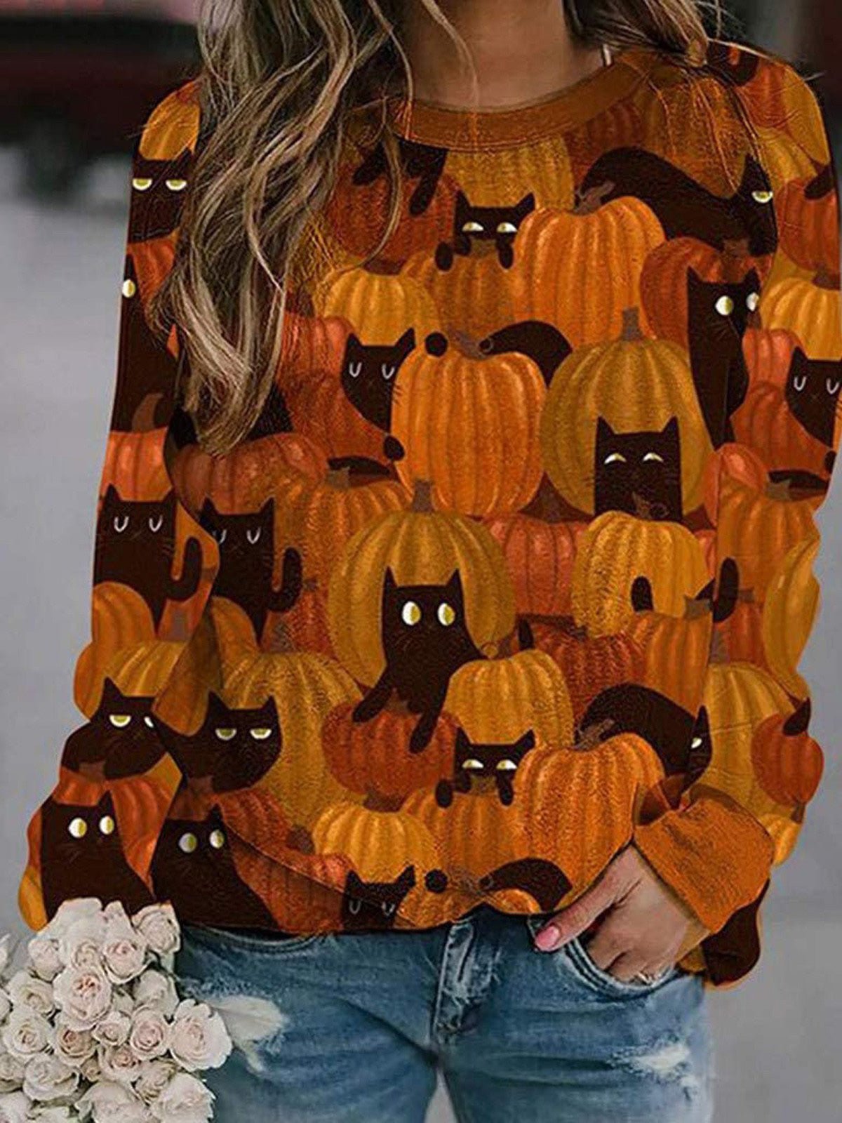 Women's T-Shirts Pumpkin Cat Print Crew Neck Long Sleeve T-Shirt - T-Shirts - Instastyled | Online Fashion Free Shipping Clothing, Dresses, Tops, Shoes - 20-30 - 30/08/2022 - color-black