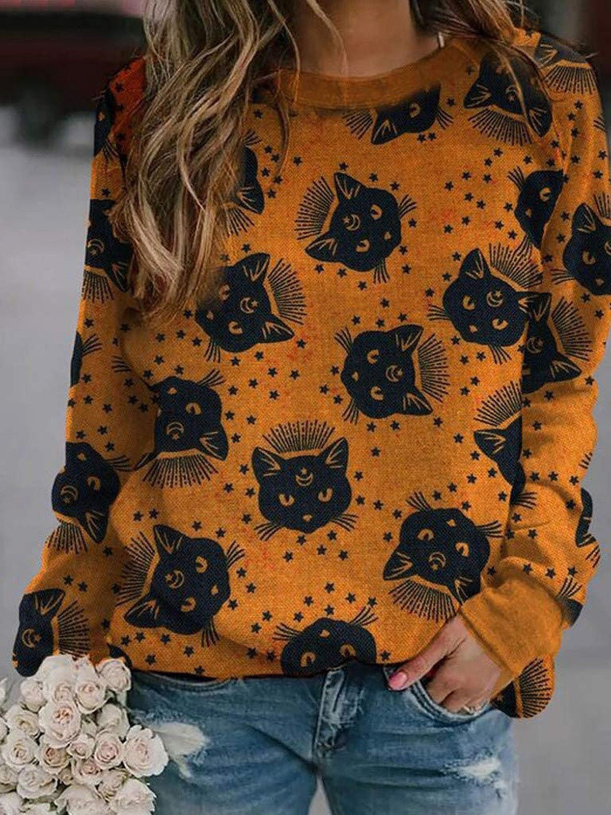 Women's T-Shirts Pumpkin Cat Print Crew Neck Long Sleeve T-Shirt - T-Shirts - Instastyled | Online Fashion Free Shipping Clothing, Dresses, Tops, Shoes - 20-30 - 30/08/2022 - color-black