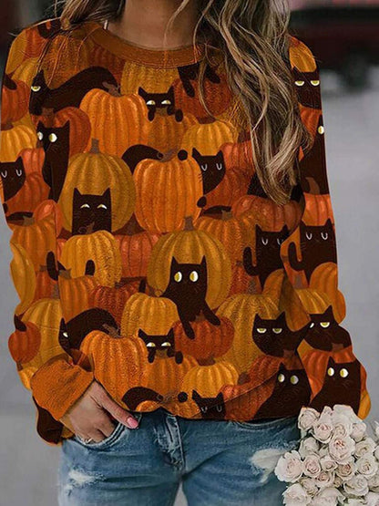 Women's T-Shirts Pumpkin Cat Print Crew Neck Long Sleeve T-Shirt - T-Shirts - Instastyled | Online Fashion Free Shipping Clothing, Dresses, Tops, Shoes - 20-30 - 30/08/2022 - color-black