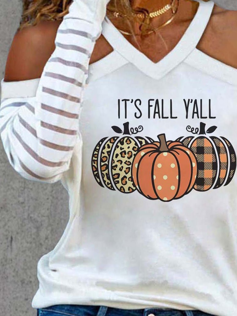 Women's T-Shirts Pumpkin Print Off-The-Shoulder Long Sleeve T-Shirt - T-Shirts - Instastyled | Online Fashion Free Shipping Clothing, Dresses, Tops, Shoes - 20-30 - 24/08/2022 - color-white