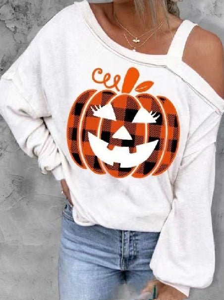 Women's T-Shirts Pumpkin Print Off-The-Shoulder Long-Sleeve T-Shirts - T-Shirts - Instastyled | Online Fashion Free Shipping Clothing, Dresses, Tops, Shoes - 25/08/2022 - 30-40 - color-black