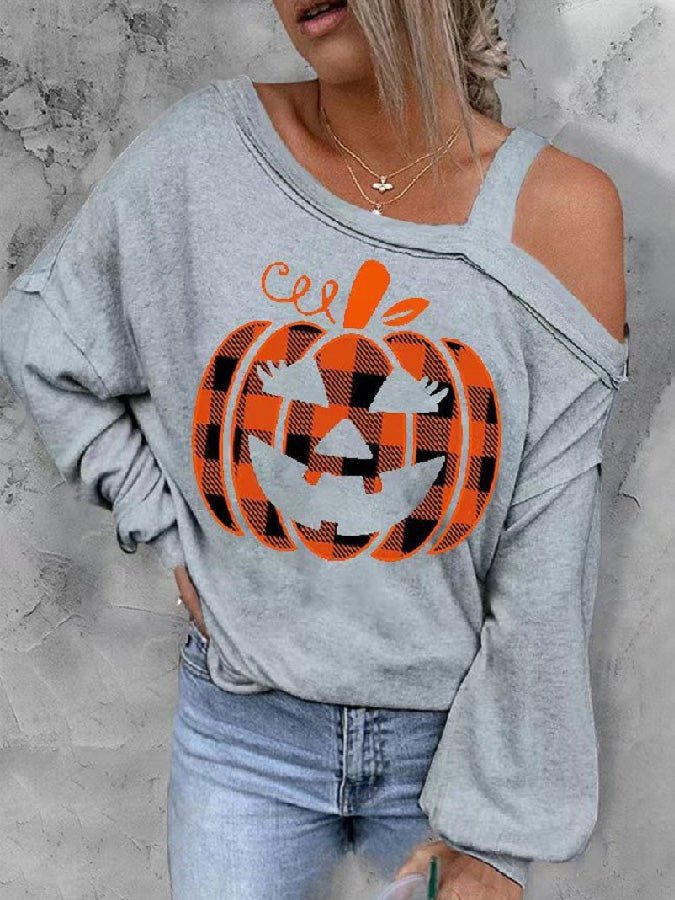 Women's T-Shirts Pumpkin Print Off-The-Shoulder Long-Sleeve T-Shirts - T-Shirts - Instastyled | Online Fashion Free Shipping Clothing, Dresses, Tops, Shoes - 25/08/2022 - 30-40 - color-black