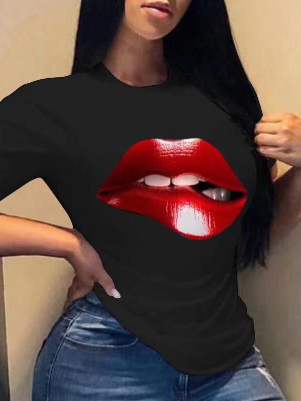 Women's T-Shirts Red Lip Crew Neck Short Sleeve T-Shirt - T-Shirts - Instastyled | Online Fashion Free Shipping Clothing, Dresses, Tops, Shoes - 10-20 - 24/02/2022 - color-black