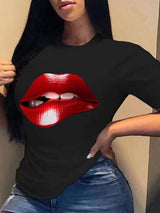 Women's T-Shirts Red Lip Crew Neck Short Sleeve T-Shirt - T-Shirts - Instastyled | Online Fashion Free Shipping Clothing, Dresses, Tops, Shoes - 10-20 - 24/02/2022 - color-black