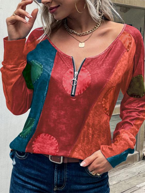 Women's T-Shirts Retro Print Zipper Long Sleeve T-Shirt - T-Shirts - Instastyled | Online Fashion Free Shipping Clothing, Dresses, Tops, Shoes - 10-20 - 10/12/2021 - color-blue