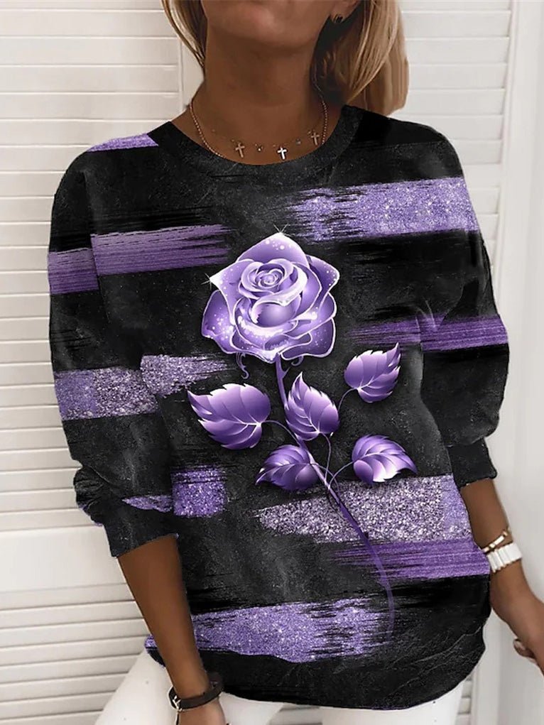 Women's T-Shirts Rose Print Round Neck Long Sleeve T-Shirt - T-Shirts - Instastyled | Online Fashion Free Shipping Clothing, Dresses, Tops, Shoes - 07/09/2022 - Color_Blue - Color_Gold