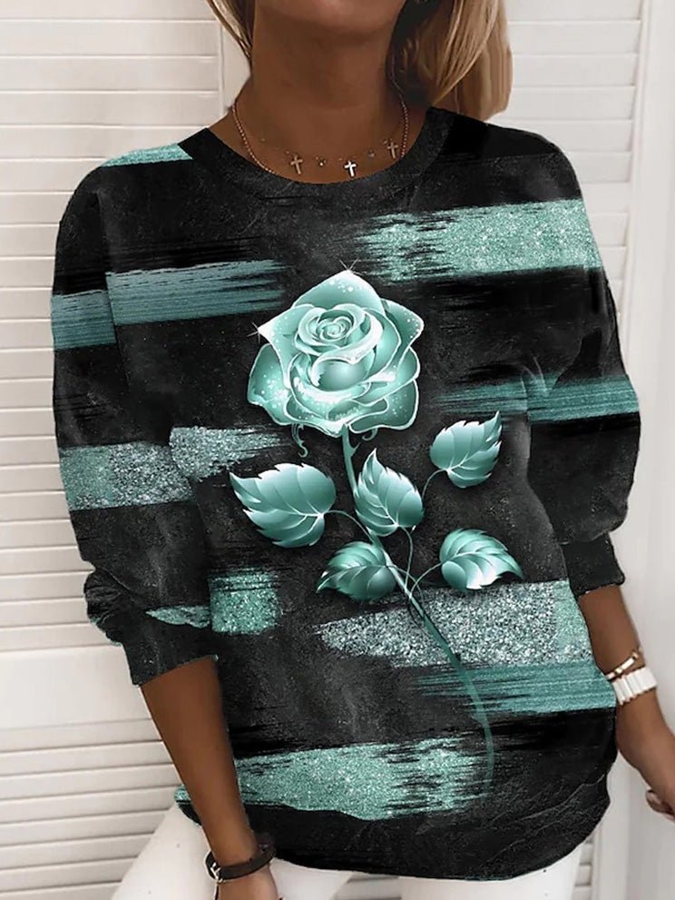 Women's T-Shirts Rose Print Round Neck Long Sleeve T-Shirt - T-Shirts - Instastyled | Online Fashion Free Shipping Clothing, Dresses, Tops, Shoes - 07/09/2022 - Color_Blue - Color_Gold