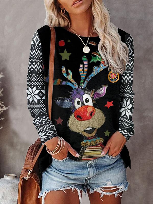 Women's T-Shirts Round Neck Elk Christmas Tree Long Sleeve T-Shirt - T-Shirts - INS | Online Fashion Free Shipping Clothing, Dresses, Tops, Shoes - 10-20 - 22/11/2021 - color-black