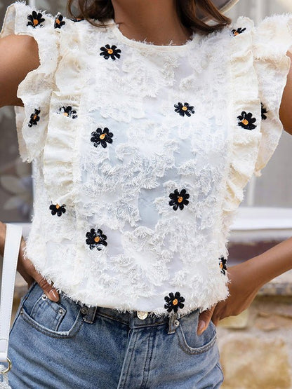 Women's T-Shirts Round Neck Floral Print Ruffled T-Shirt - T-Shirts - Instastyled | Online Fashion Free Shipping Clothing, Dresses, Tops, Shoes - 15/02/2022 - 20-30 - color-light_yellow