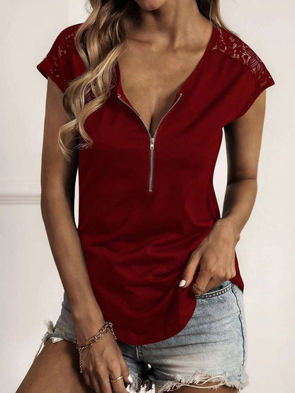 Women's T-Shirts Round Neck Half Zipper Lace Short Sleeve T-Shirt - T-Shirts - Instastyled | Online Fashion Free Shipping Clothing, Dresses, Tops, Shoes - 04/01/2022 - 20-30 - color-black