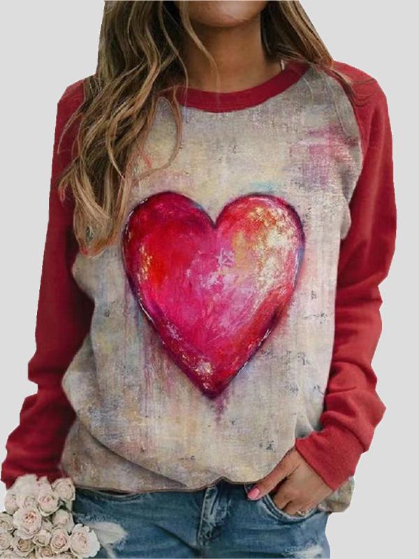 T-Shirts - Round Neck Heart-Shaped Print Long Sleeve T-Shirt - MsDressly