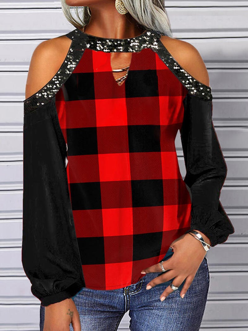 Women's T-Shirts Round Neck Off-Shoulder Plaid Long Sleeve T-Shirt - T-Shirts - Instastyled | Online Fashion Free Shipping Clothing, Dresses, Tops, Shoes - 20-30 - 30/12/2021 - color-blue