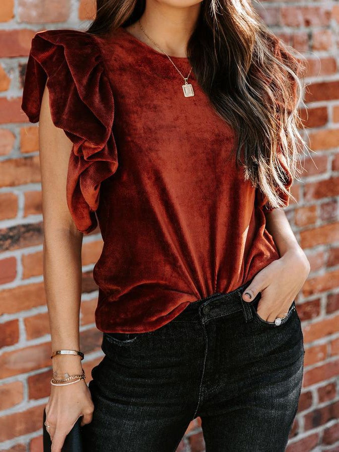 Women's T-Shirts Round Neck Ruffled Short Sleeve T-Shirt - T-Shirts - Instastyled | Online Fashion Free Shipping Clothing, Dresses, Tops, Shoes - 07/01/2022 - 30-40 - color-brown