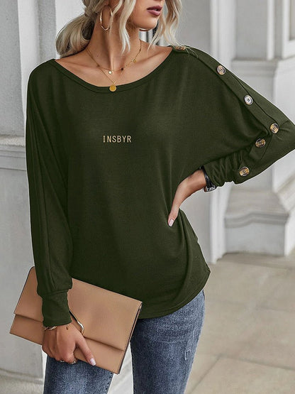 Women's T-Shirts Rounded Neck Button Long Sleeve T-Shirt - T-Shirts - Instastyled | Online Fashion Free Shipping Clothing, Dresses, Tops, Shoes - 23/11/2022 - Color_ Army_ Green - Color_Black