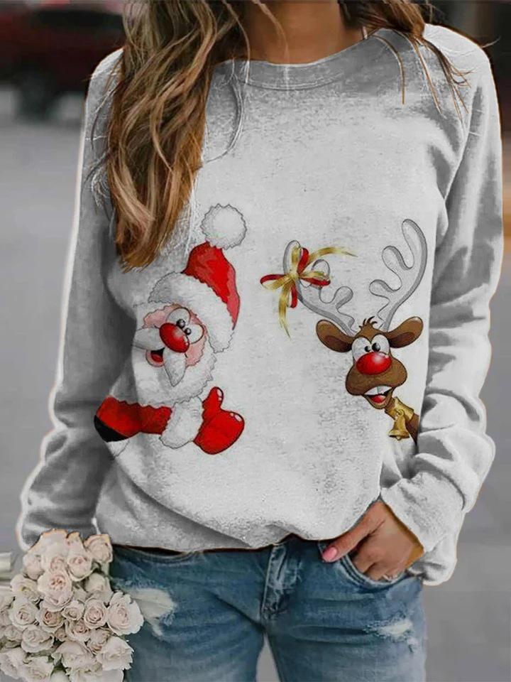Women's T-Shirts Santa Deer Print Round Neck Long Sleeve T-Shirt - T-Shirts - INS | Online Fashion Free Shipping Clothing, Dresses, Tops, Shoes - 04/11/2021 - 20-30 - color-gray