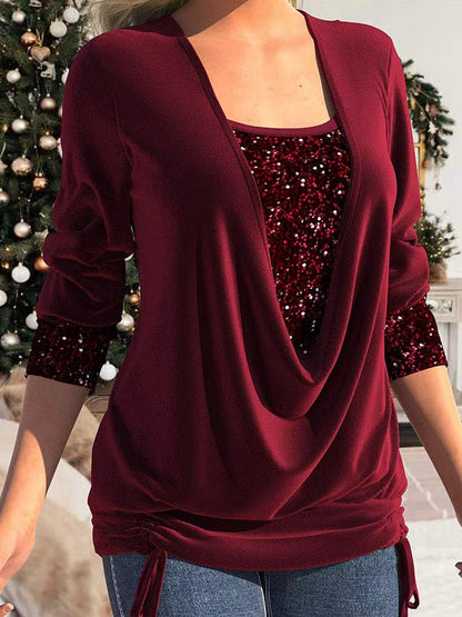 T-Shirts - Sequin Panel Solid Long Sleeve Drop Collar Pleated T-Shirt - MsDressly