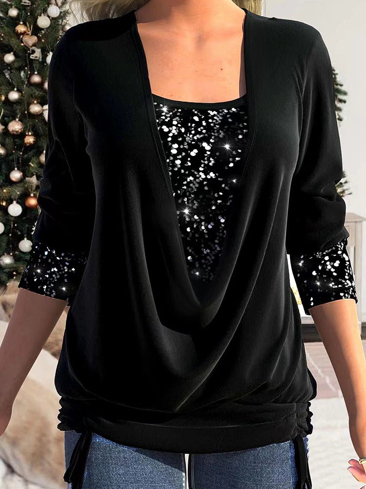 T-Shirts - Sequin Panel Solid Long Sleeve Drop Collar Pleated T-Shirt - MsDressly