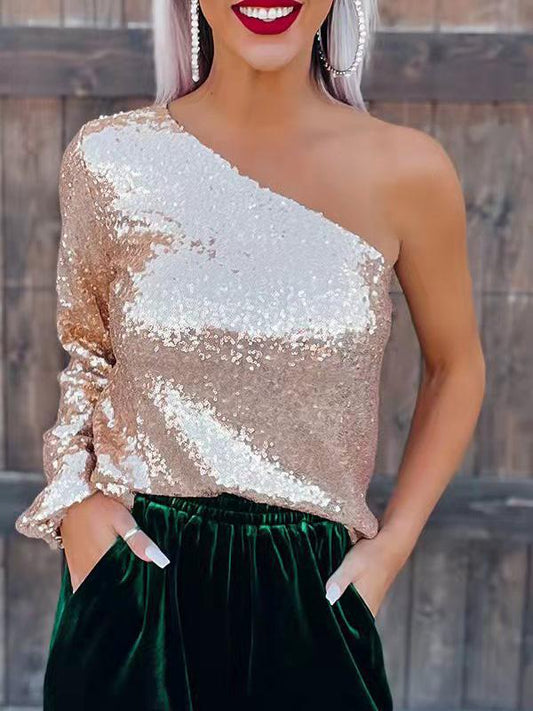 Women's T-Shirts Sequin Slanted Shoulder Slim Long Sleeve T-Shirt - T-Shirts - Instastyled | Online Fashion Free Shipping Clothing, Dresses, Tops, Shoes - 10/12/2021 - 20-30 - color-champagne