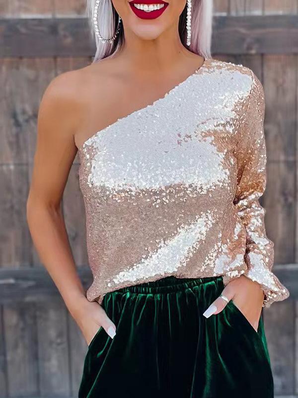 Women's T-Shirts Sequin Slanted Shoulder Slim Long Sleeve T-Shirt - T-Shirts - Instastyled | Online Fashion Free Shipping Clothing, Dresses, Tops, Shoes - 10/12/2021 - 20-30 - color-champagne