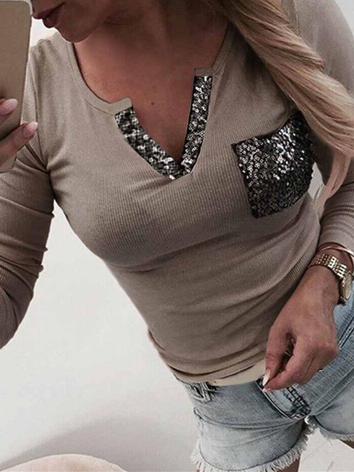 Women's T-Shirts Sequined V-Neck Pocket Long Sleeve T-Shirt - T-Shirts - INS | Online Fashion Free Shipping Clothing, Dresses, Tops, Shoes - 10-20 - 14/09/2021 - Category_T-Shirts