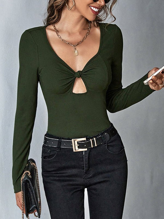 Women's T-Shirts Sexy Hollow Slim Knitted Long Sleeve T-Shirt - T-Shirts - Instastyled | Online Fashion Free Shipping Clothing, Dresses, Tops, Shoes - 13/1/2023 - 20-30 - color-army_-green