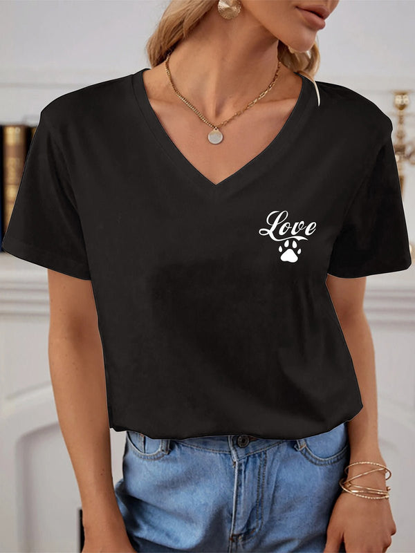 Women's T-Shirts Short Sleeve V Neck Paw Print T-Shirt - T-Shirts - Instastyled | Online Fashion Free Shipping Clothing, Dresses, Tops, Shoes - 15/12/2022 - Color_Black - Color_Brown