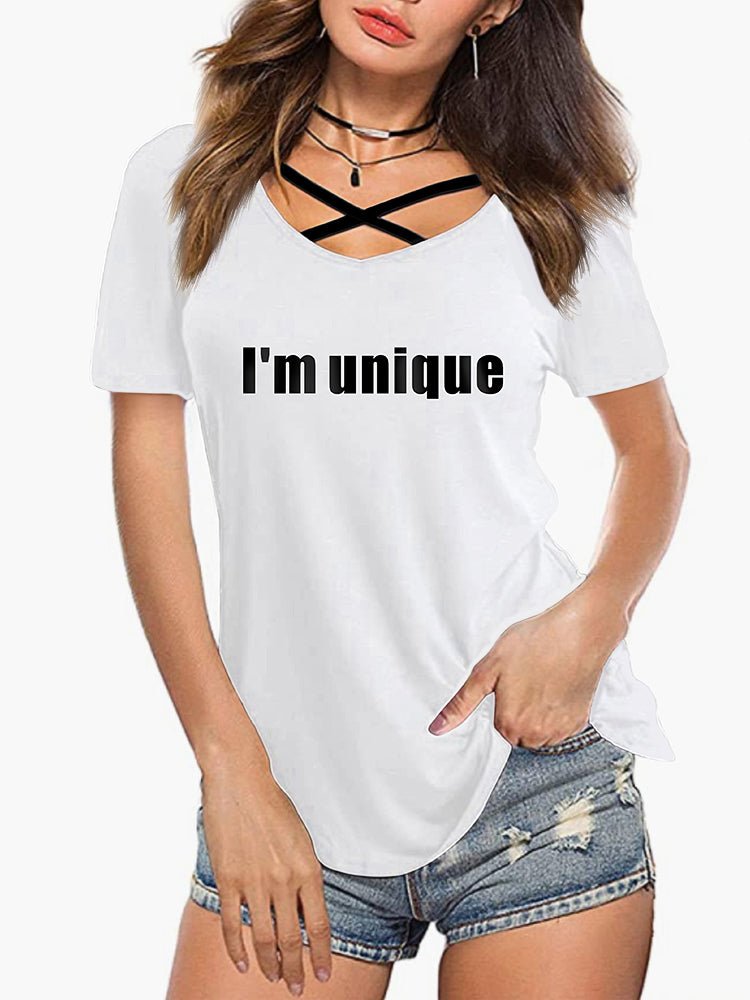 Women's T-Shirts Short Sleeves Cross Strap Printed T-Shirt - T-Shirts - Instastyled | Online Fashion Free Shipping Clothing, Dresses, Tops, Shoes - 24/11/2022 - Color_ Black - Color_ Dark_ Coffee