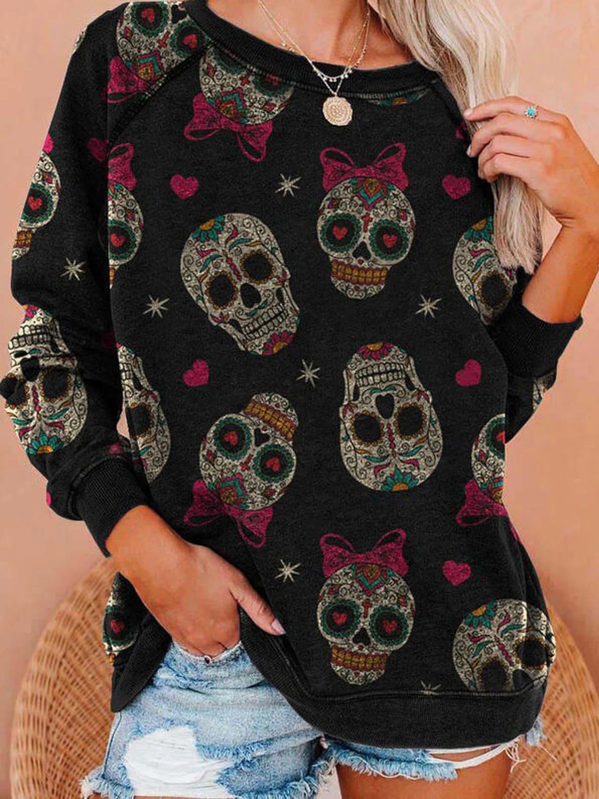 Women's T-Shirts Simple Skull Print Round Neck Long Sleeve T-Shirts - T-Shirts - INS | Online Fashion Free Shipping Clothing, Dresses, Tops, Shoes - 04/09/2021 - 20-30 - Category_T-Shirts