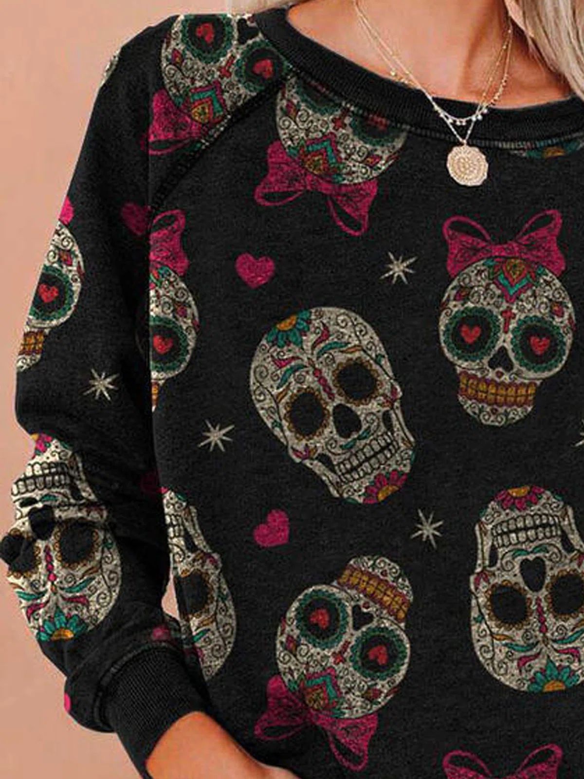 Women's T-Shirts Simple Skull Print Round Neck Long Sleeve T-Shirts - T-Shirts - INS | Online Fashion Free Shipping Clothing, Dresses, Tops, Shoes - 04/09/2021 - 20-30 - Category_T-Shirts