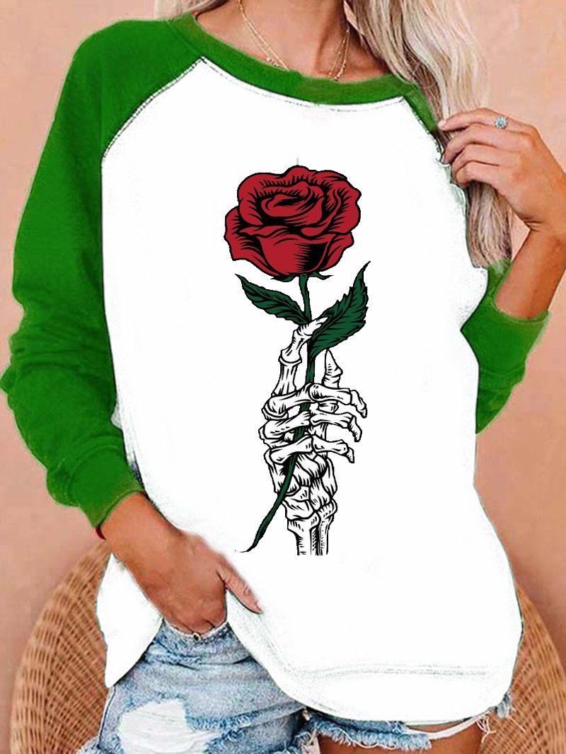 Women's T-Shirts Skull Hand-held Rose Print Raglan Long Sleeve T-Shirts - T-Shirts - INS | Online Fashion Free Shipping Clothing, Dresses, Tops, Shoes - 13/09/2021 - 20-30 - Category_T-Shirts