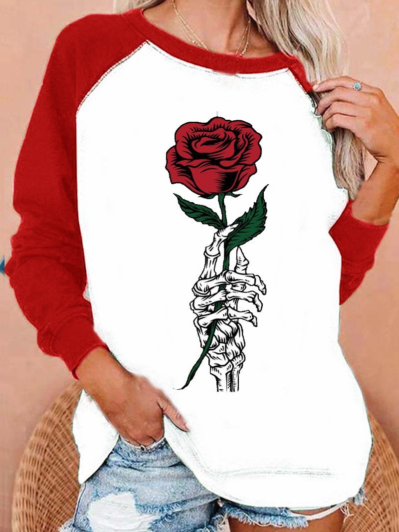 Women's T-Shirts Skull Hand-held Rose Print Raglan Long Sleeve T-Shirts - T-Shirts - INS | Online Fashion Free Shipping Clothing, Dresses, Tops, Shoes - 13/09/2021 - 20-30 - Category_T-Shirts