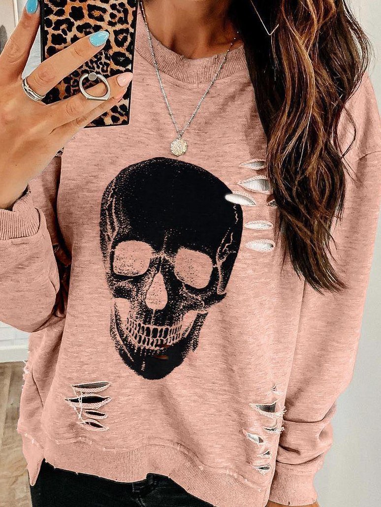 Women's T-Shirts Skull Hole Round Neck Long Sleeve T-Shirts - T-Shirts - INS | Online Fashion Free Shipping Clothing, Dresses, Tops, Shoes - 10-20 - 12/11/2021 - color-pink
