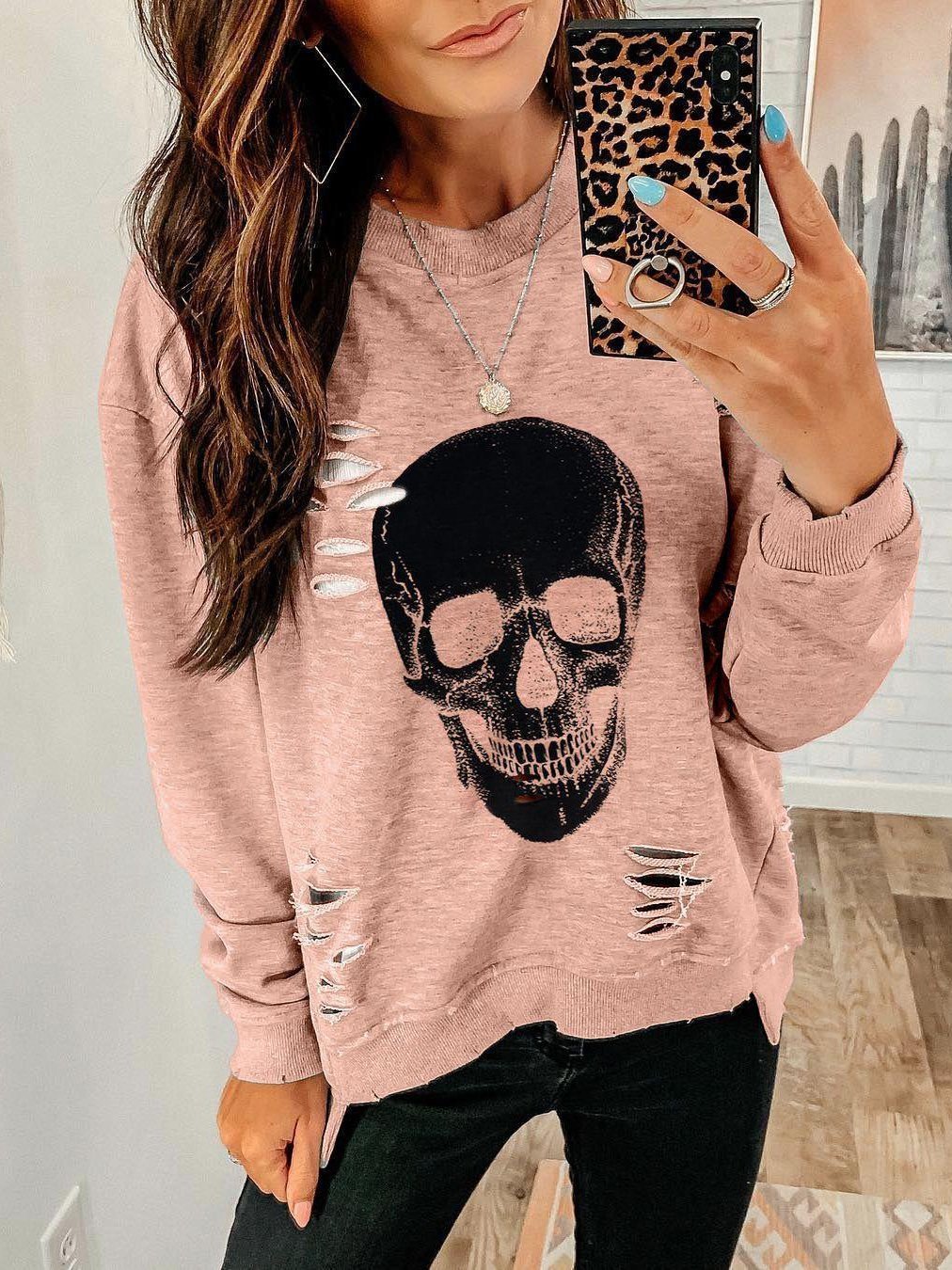 Women's T-Shirts Skull Hole Round Neck Long Sleeve T-Shirts - T-Shirts - INS | Online Fashion Free Shipping Clothing, Dresses, Tops, Shoes - 10-20 - 12/11/2021 - color-pink