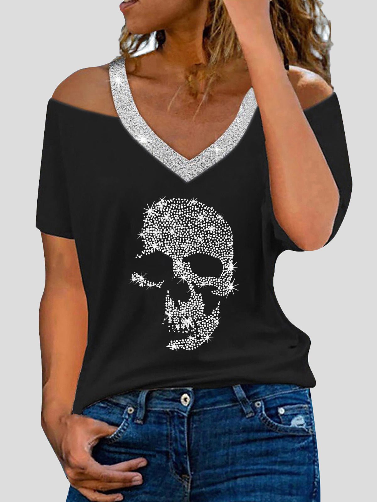 Women's T-Shirts Skull Hot Diamond V-Neck Off-Shoulder Short Sleeve T-Shirt - T-Shirts - Instastyled | Online Fashion Free Shipping Clothing, Dresses, Tops, Shoes - 08/07/2022 - 20-30 - color-black