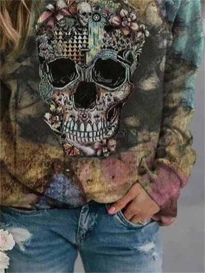 Women's T-Shirts Skull Print Round Neck Long Sleeve T-Shirt - T-Shirts - Instastyled | Online Fashion Free Shipping Clothing, Dresses, Tops, Shoes - 02/12/2021 - 20-30 - ClearLabel1