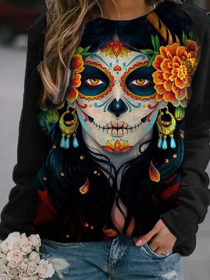 Women's T-Shirts Skull Print Round Neck Long Sleeve T-Shirts - T-Shirts - INS | Online Fashion Free Shipping Clothing, Dresses, Tops, Shoes - 10-20 - 10/09/2021 - Category_T-Shirts
