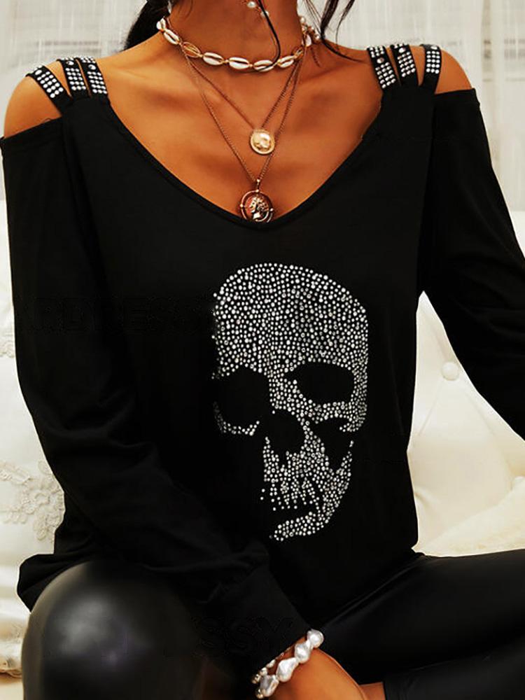 Women's T-Shirts Skull V-Neck Off Shoulder Long Sleeve T-Shirt - T-Shirts - Instastyled | Online Fashion Free Shipping Clothing, Dresses, Tops, Shoes - 15/12/2021 - 20-30 - color-black