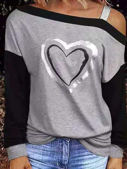 Women's T-Shirts Slanted Shoulder Love Print Long Sleeve T-Shirt - T-Shirts - INS | Online Fashion Free Shipping Clothing, Dresses, Tops, Shoes - 20-30 - 22/11/2021 - color-gray