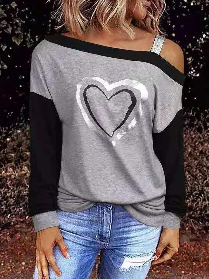 Women's T-Shirts Slanted Shoulder Love Print Long Sleeve T-Shirt - T-Shirts - INS | Online Fashion Free Shipping Clothing, Dresses, Tops, Shoes - 20-30 - 22/11/2021 - color-gray