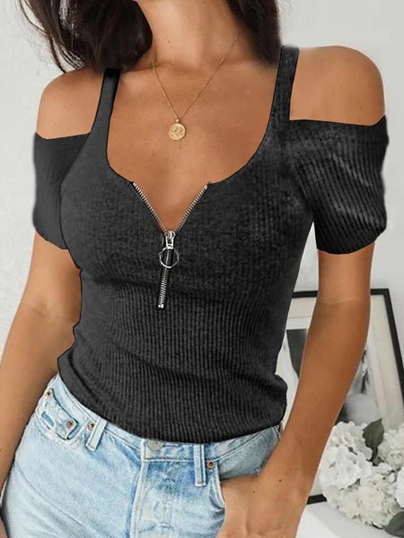 Women's T-Shirts Sling Zip Off Shoulder Short Sleeve T-Shirt - T-Shirts - Instastyled | Online Fashion Free Shipping Clothing, Dresses, Tops, Shoes - 01/08/2022 - 20-30 - color-army_green