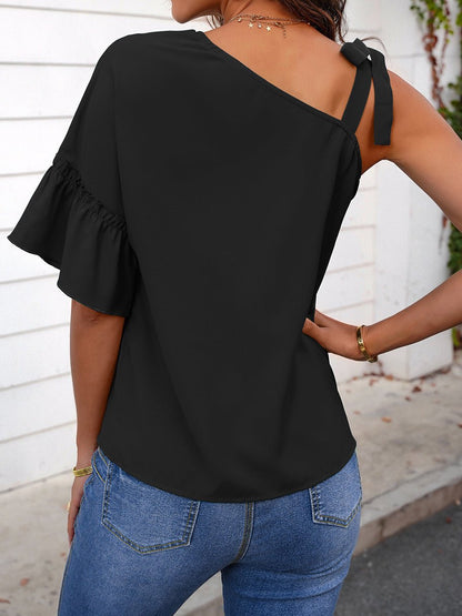 Women's T-Shirts Sloping Shoulder Ruffle Sleeve T-Shirt - T-Shirts - Instastyled | Online Fashion Free Shipping Clothing, Dresses, Tops, Shoes - 19/04/2022 - 20-30 - color-black