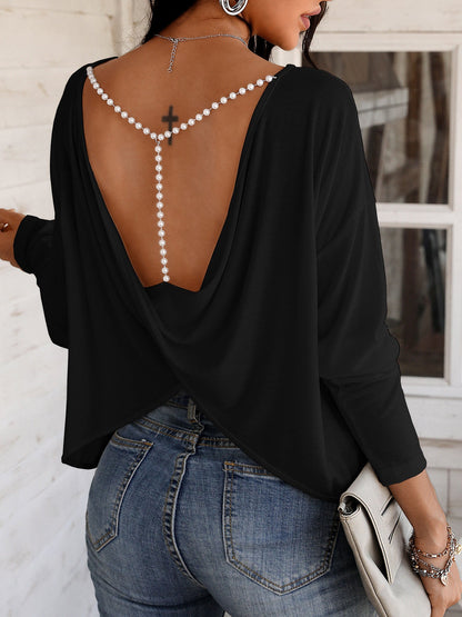 Women's T-Shirts Solid Bare Back Long Sleeve T-Shirt - T-Shirts - Instastyled | Online Fashion Free Shipping Clothing, Dresses, Tops, Shoes - 20-30 - 25/08/2022 - color-black